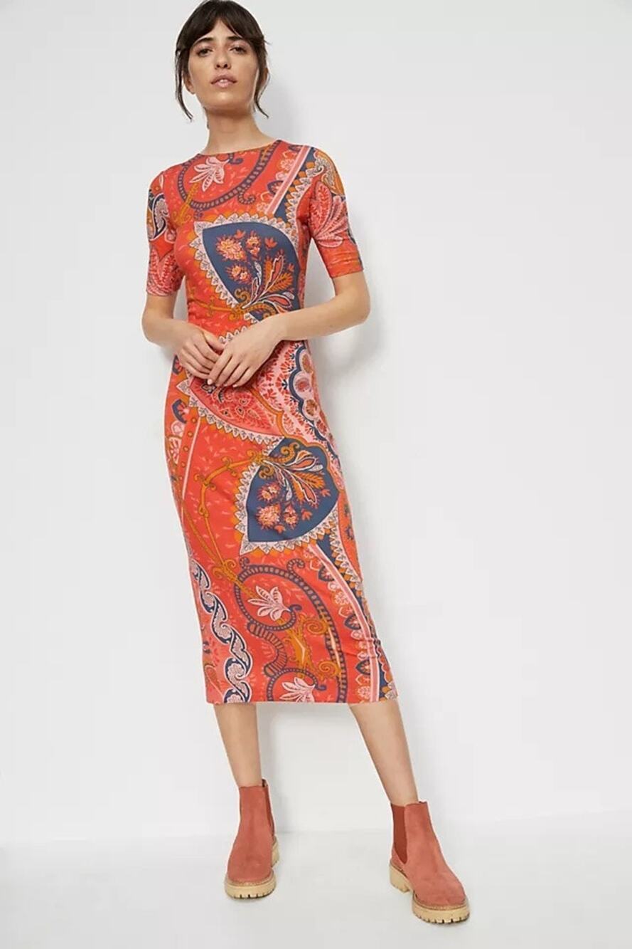 FARM Rio x Anthropologie Giannina Knit Midi Dress Orange Multi - Size: Medium